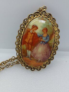 Vintage Fragonard Courting Couple Pendant Victorian Style Necklace